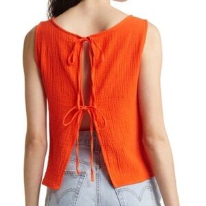 NWT VERO MODA Natali Tie Back Cotton Tank, Neon orange gauze tank top XL